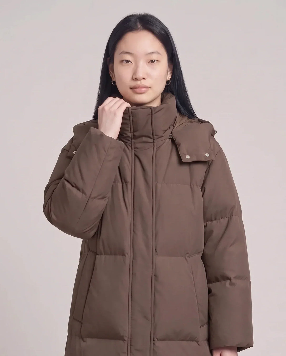 Long Puffer Jacket with Funnel Collar and Detachable Hood