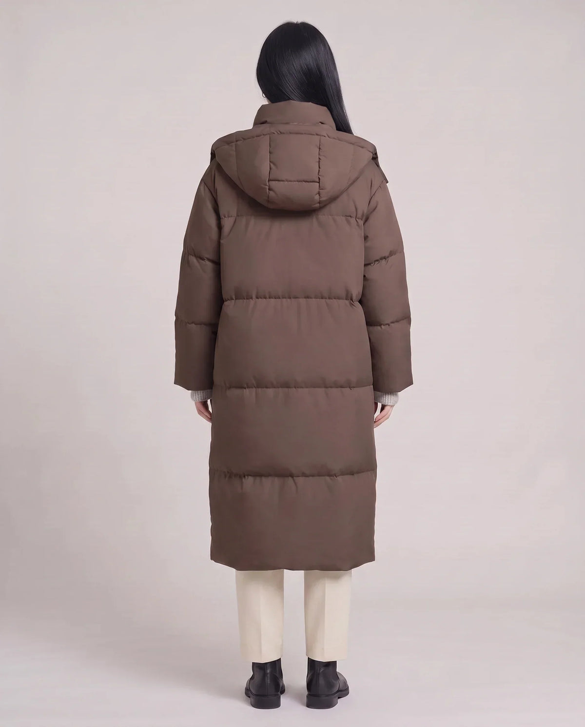 Long Puffer Jacket with Funnel Collar and Detachable Hood