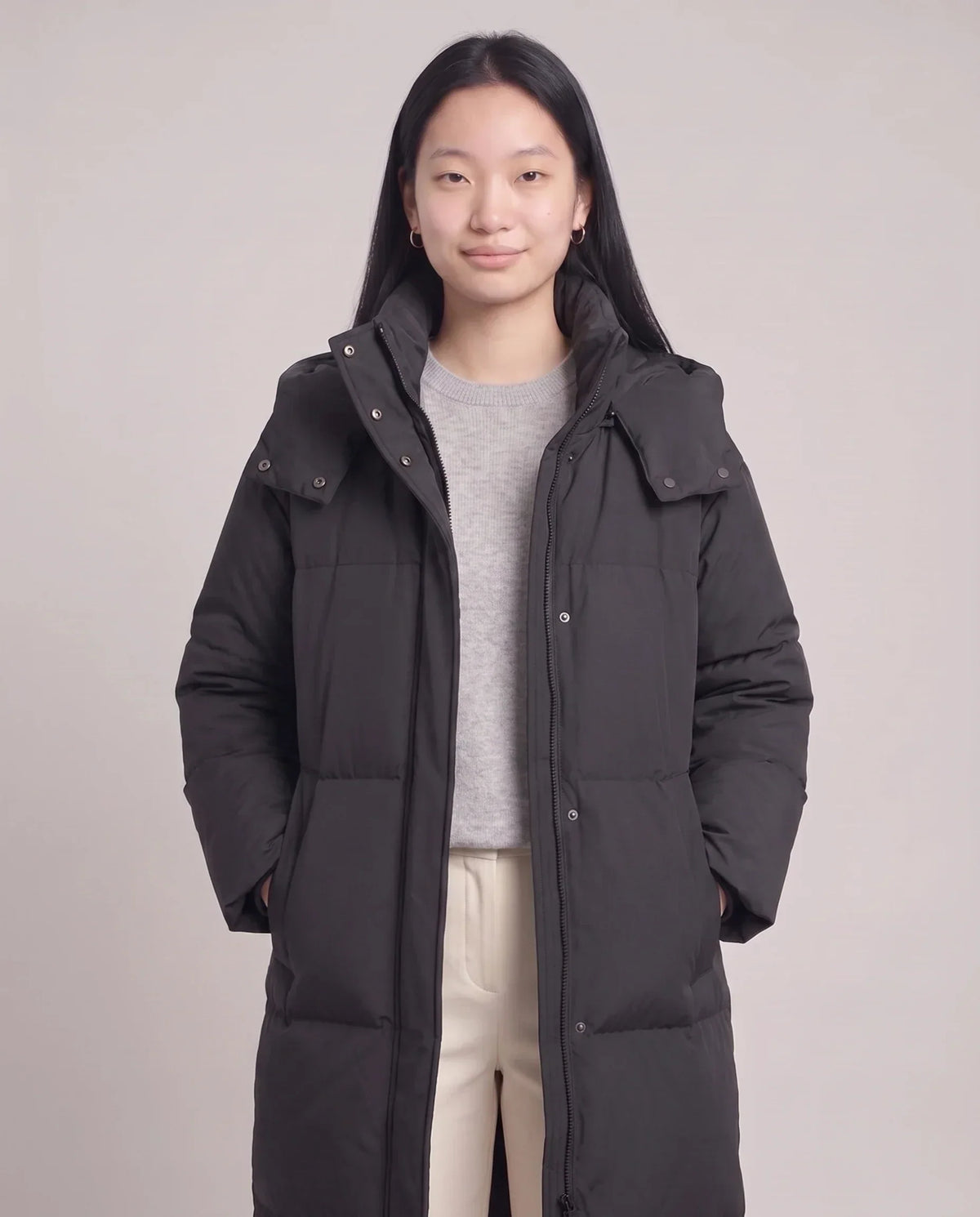 Long Puffer Jacket with Funnel Collar and Detachable Hood
