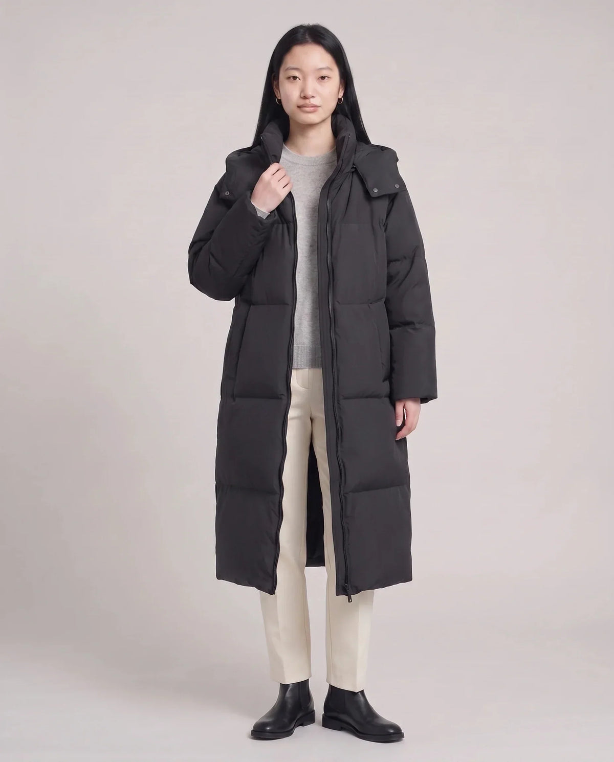 Long Puffer Jacket with Funnel Collar and Detachable Hood