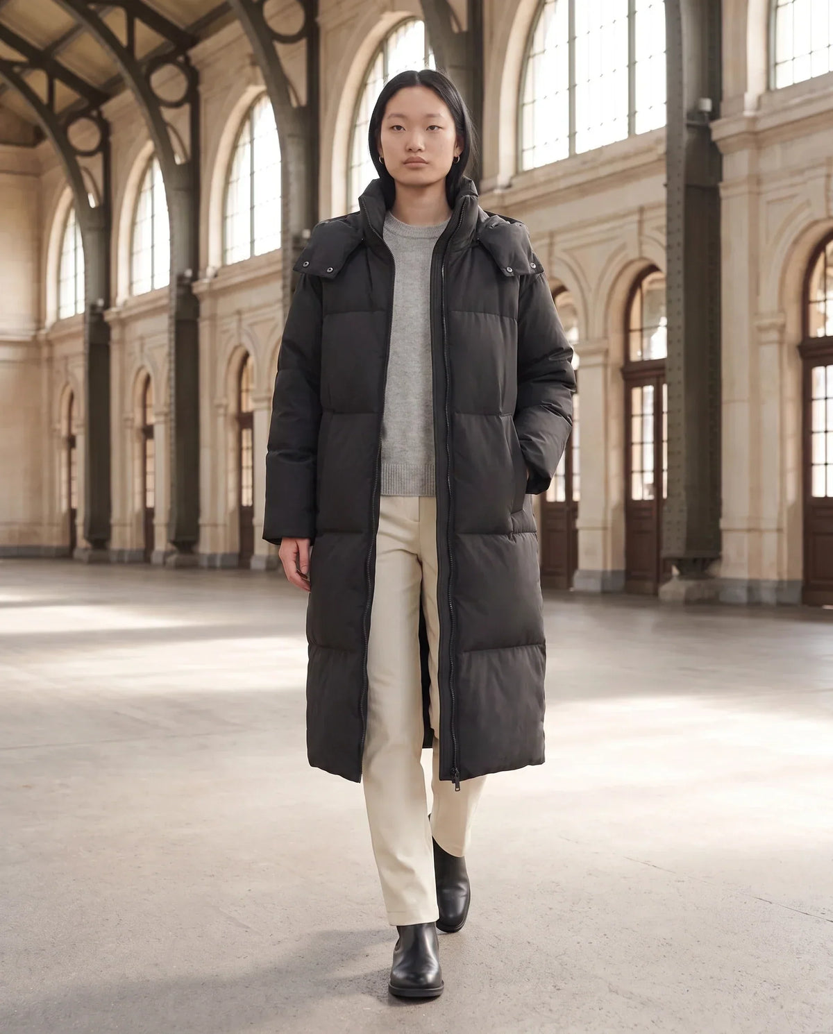 Long Puffer Jacket with Funnel Collar and Detachable Hood