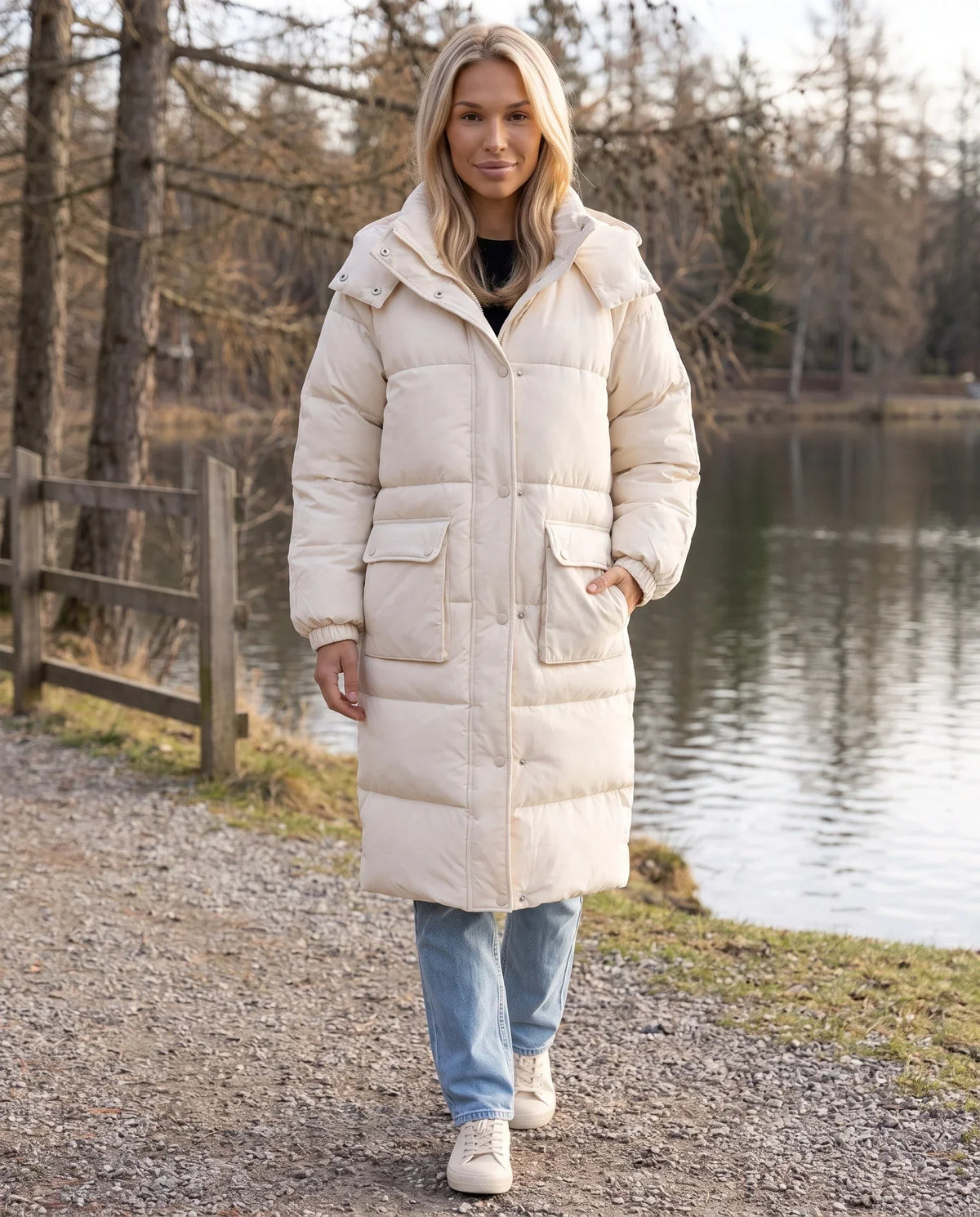 Long Water-Repellent Puffer Jacket with Patch Pockets