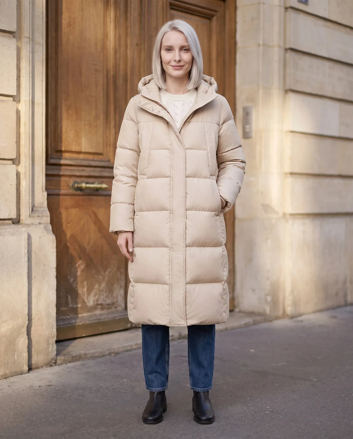 Long Flared Puffer Jacket with Water-Repellent Hood