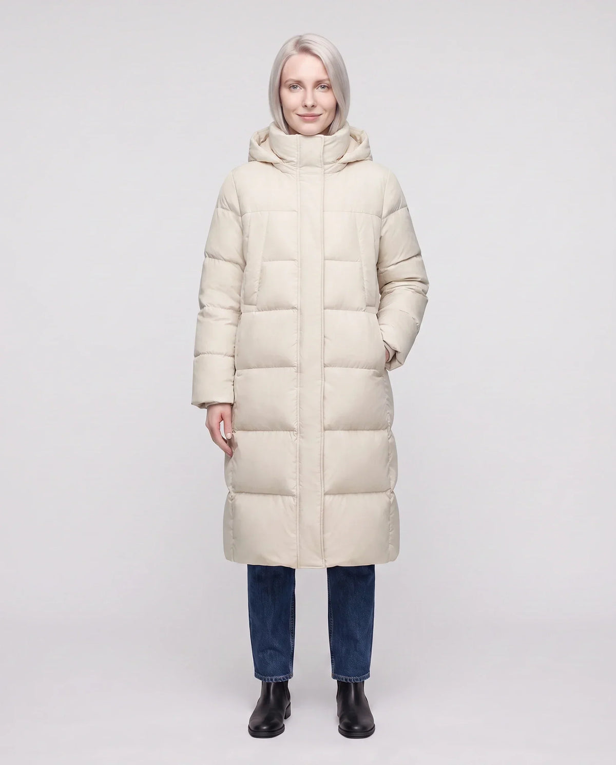Long Flared Puffer Jacket with Water-Repellent Hood