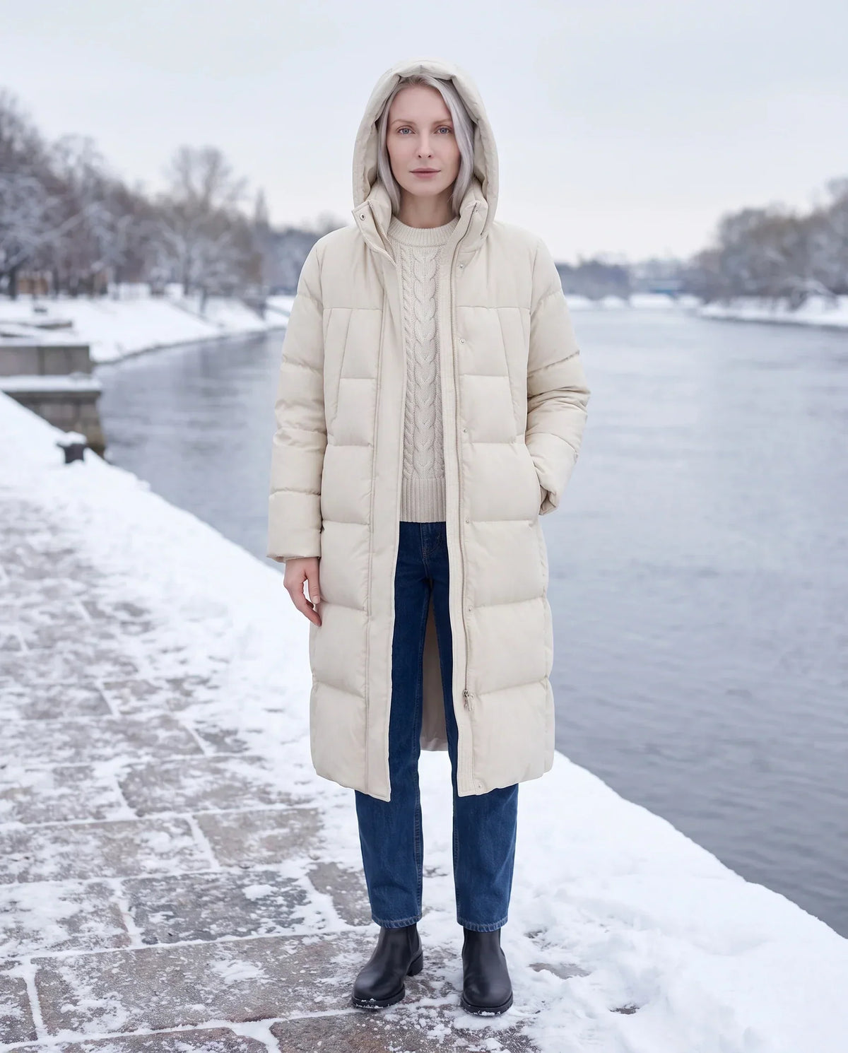 Long Flared Puffer Jacket with Water-Repellent Hood
