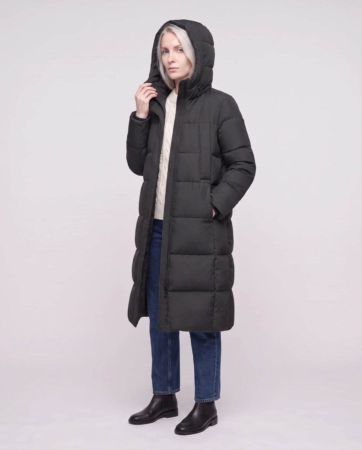Long Flared Puffer Jacket with Water-Repellent Hood