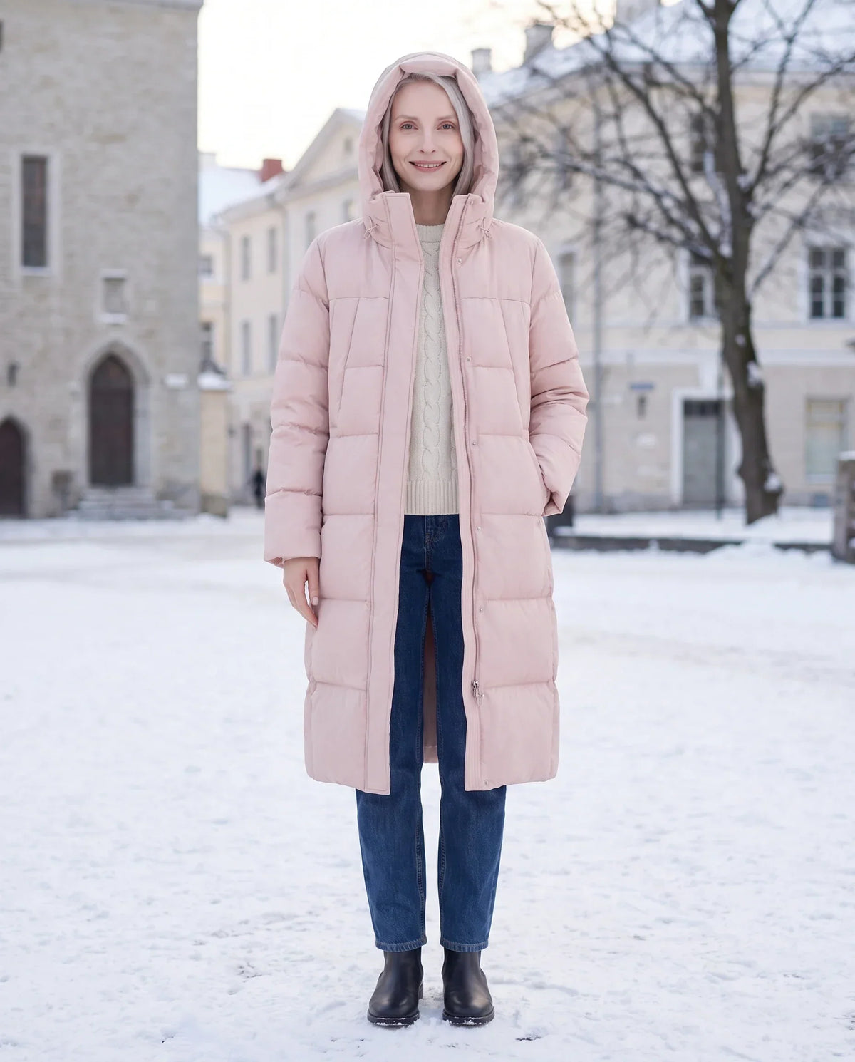 Long Flared Puffer Jacket with Water-Repellent Hood