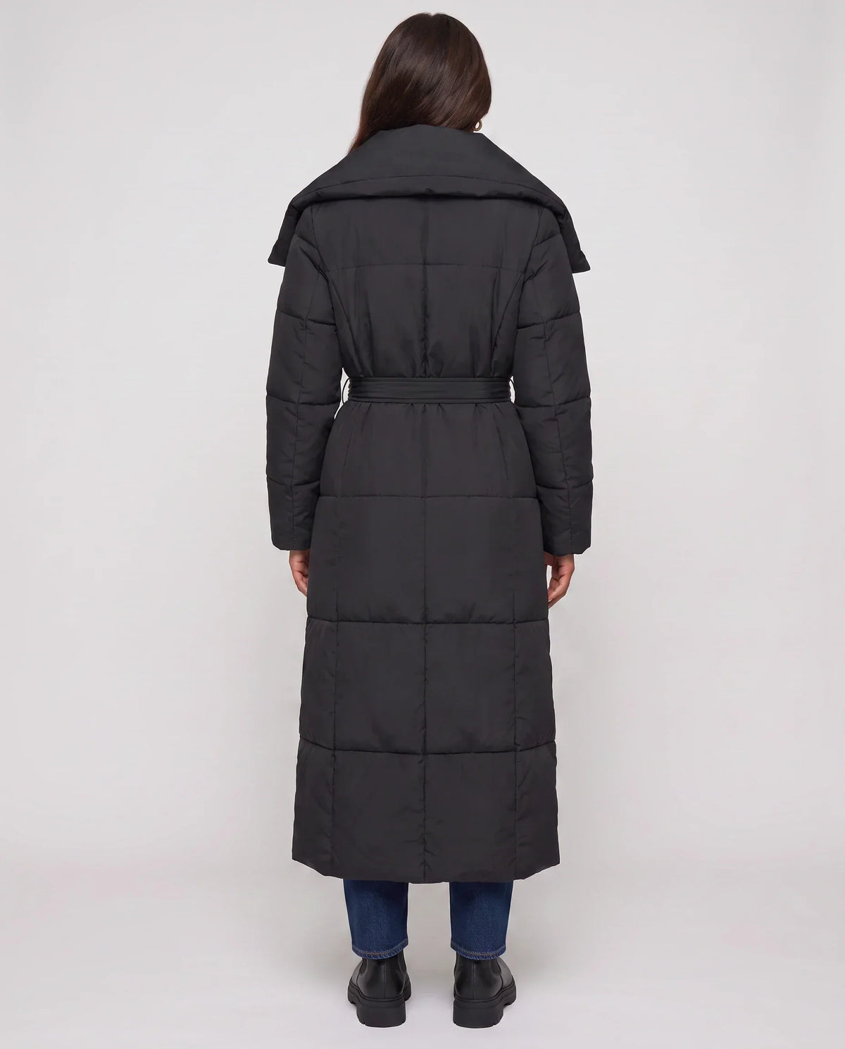 Extra-Long Belted Puffer Jacket with Quilted Shawl Collar