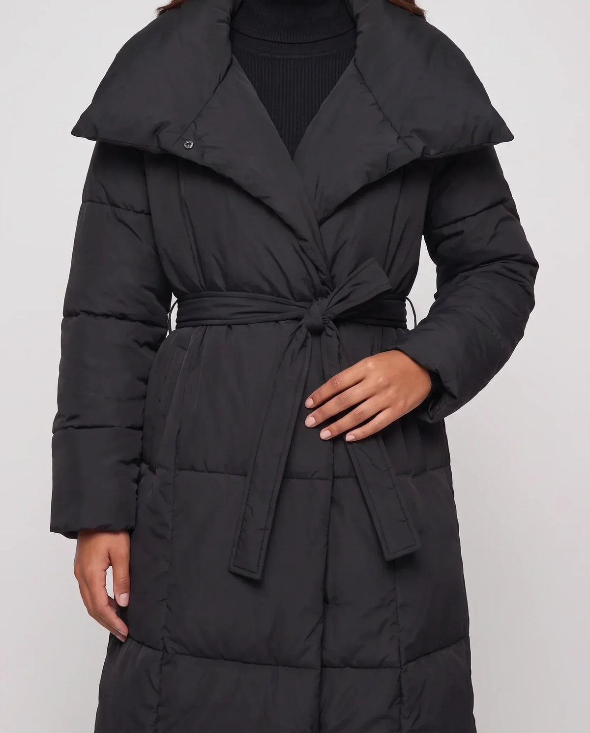 Extra-Long Belted Puffer Jacket with Quilted Shawl Collar
