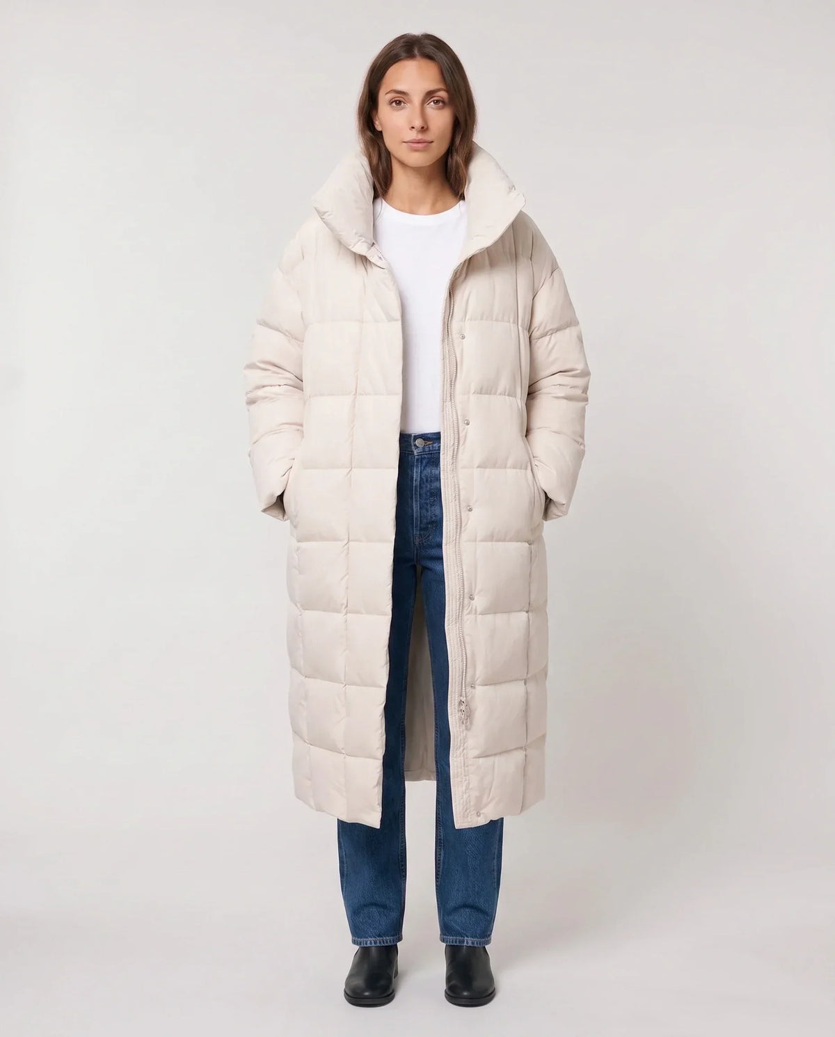 Long Oversized Puffer Jacket with Funnel Collar, No Hood