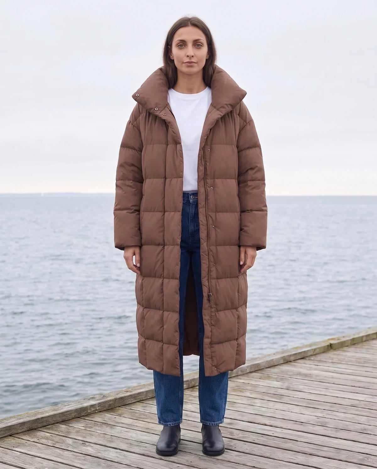Long Oversized Puffer Jacket with Funnel Collar, No Hood