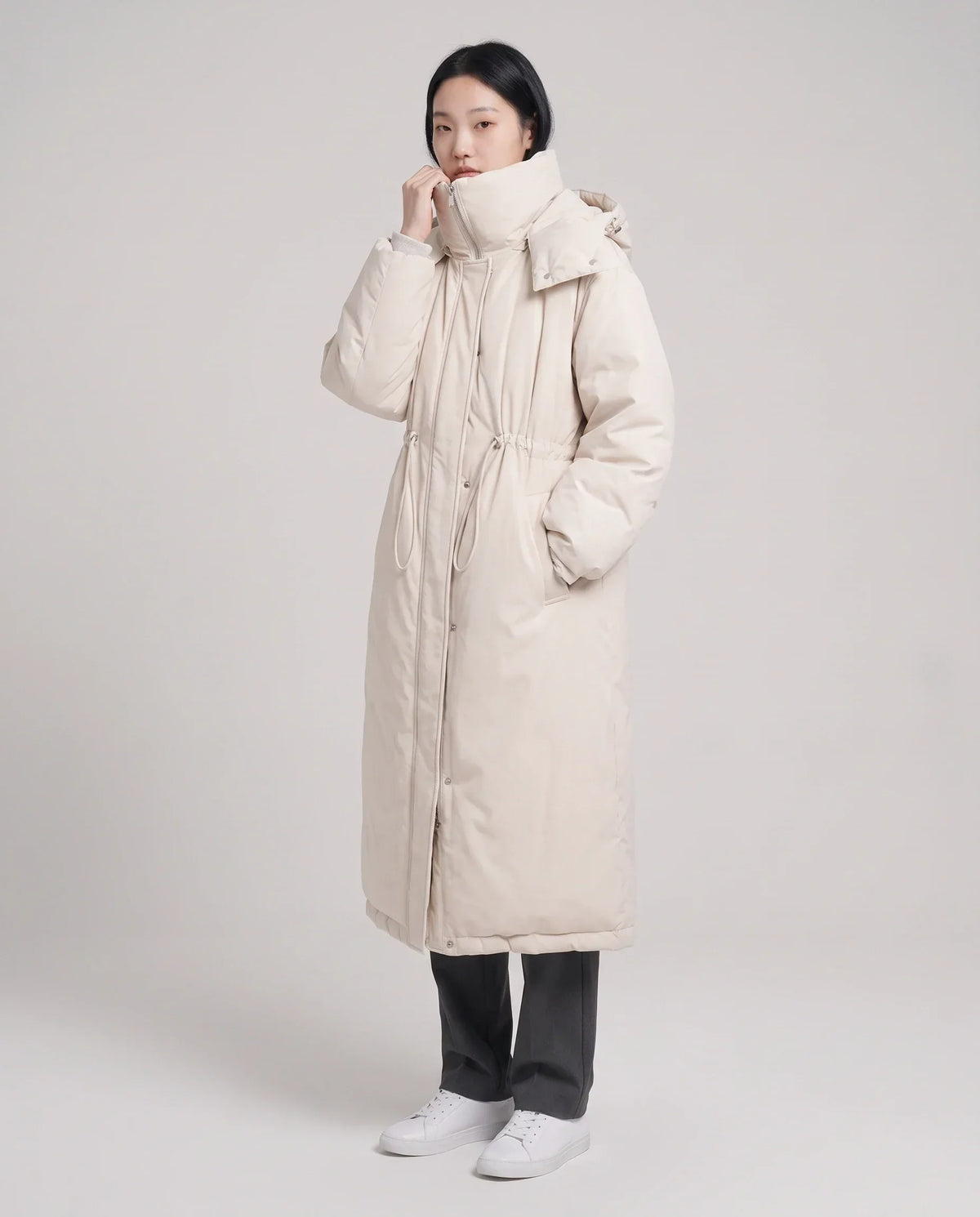 Long Oversized Puffer Jacket with Funnel Collar and Hood