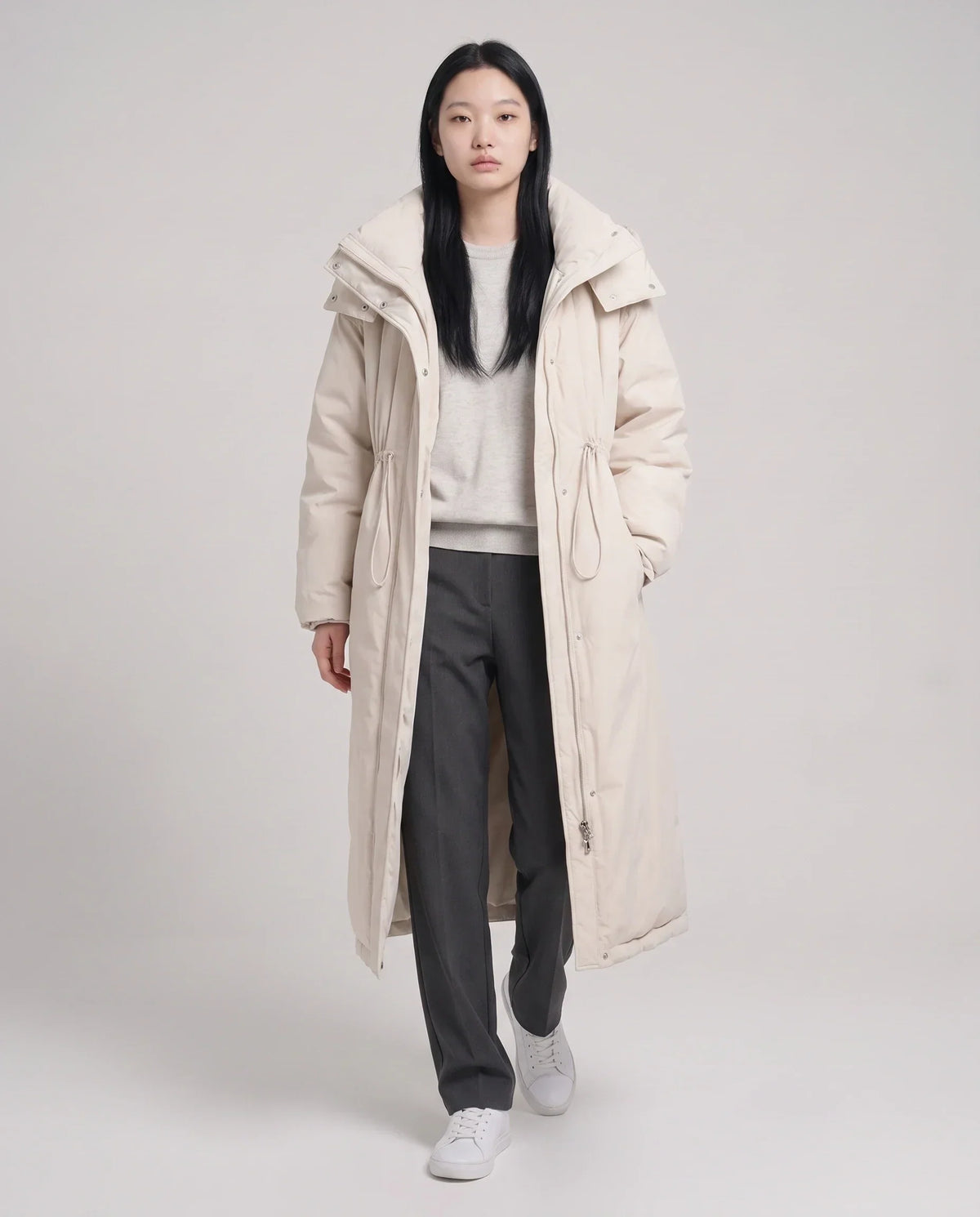 Long Oversized Puffer Jacket with Funnel Collar and Hood