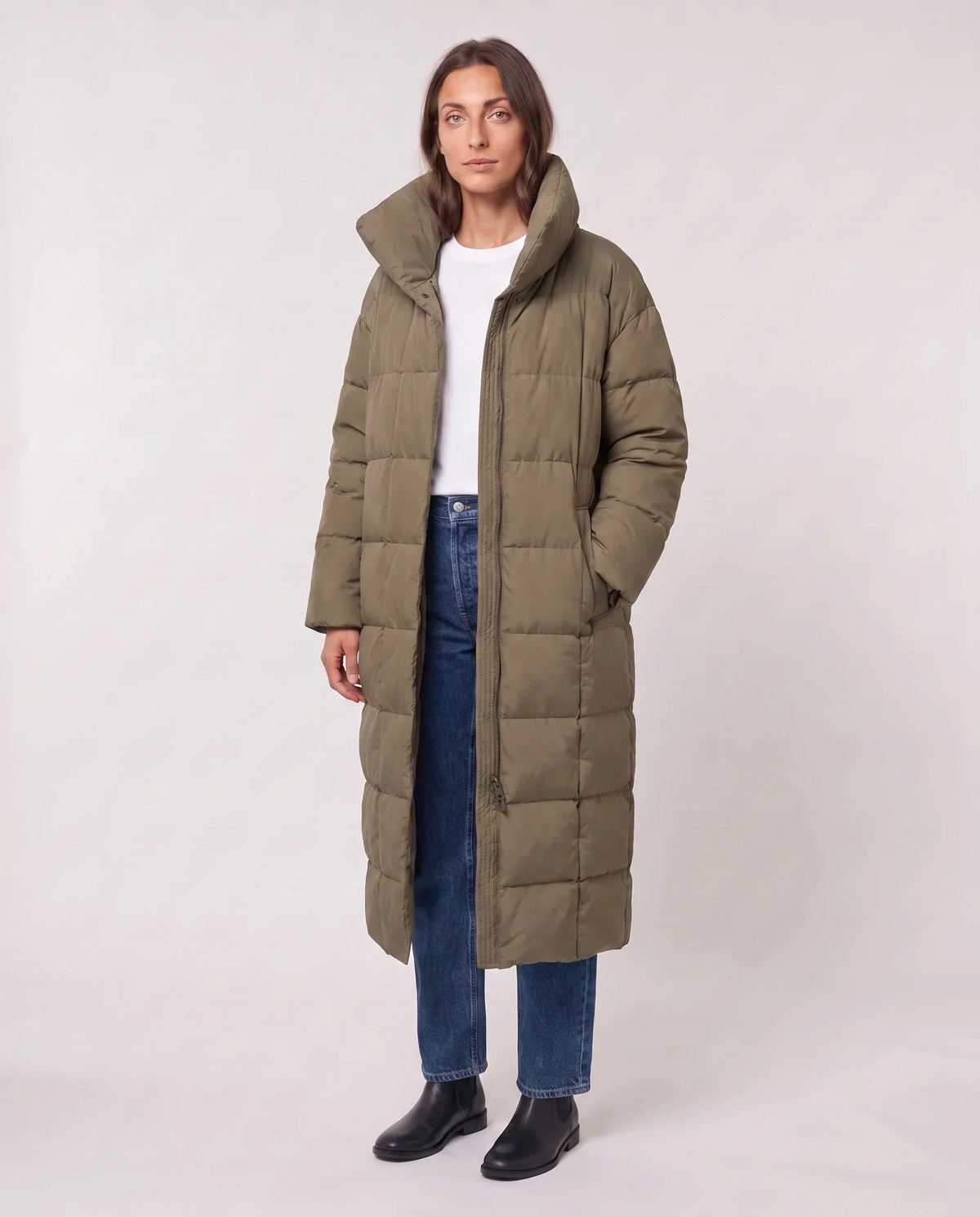 Long Oversized Puffer Jacket with Funnel Collar, No Hood