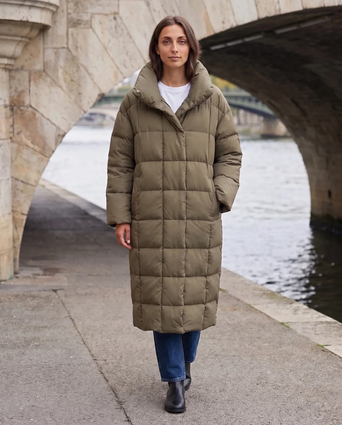 Long Oversized Puffer Jacket with Funnel Collar, No Hood