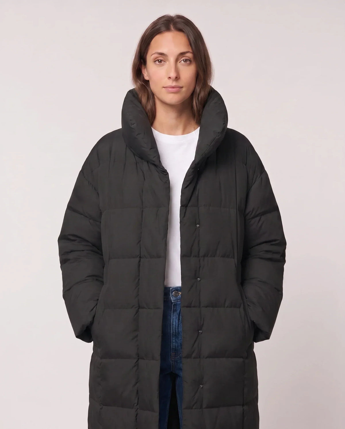 Long Oversized Puffer Jacket with Funnel Collar, No Hood