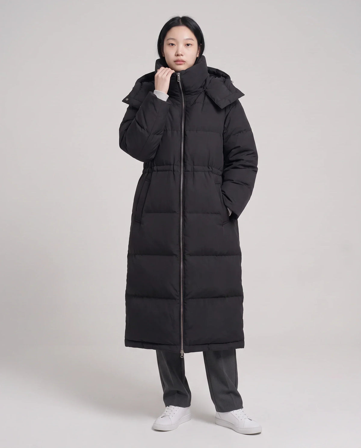 Long Oversized Puffer Jacket with Funnel Collar and Hood