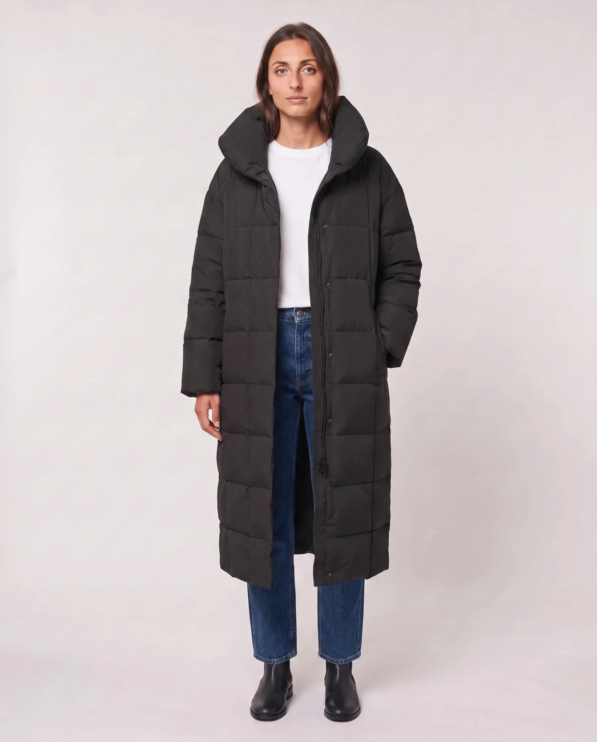 Long Oversized Puffer Jacket with Funnel Collar, No Hood