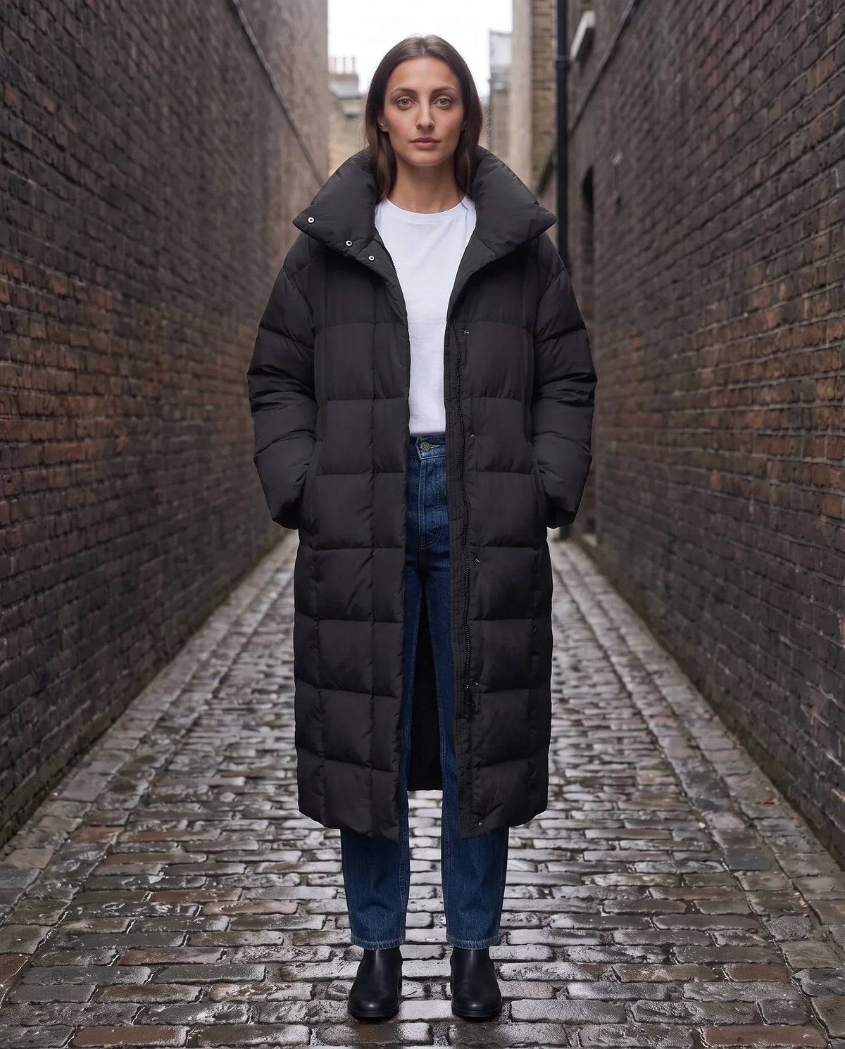 Long Oversized Puffer Jacket with Funnel Collar, No Hood