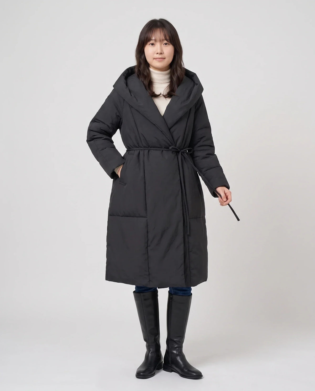 Long Oversized Wrap Puffer Coat with Hood