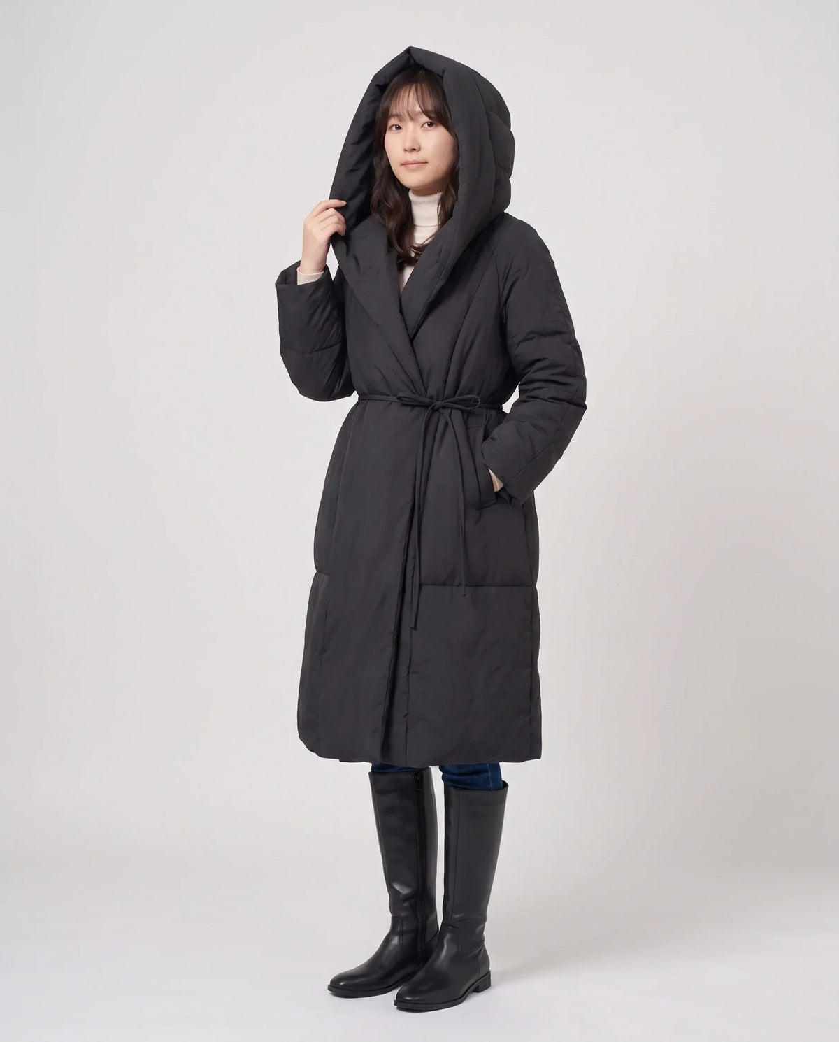 Long Oversized Wrap Puffer Coat with Hood
