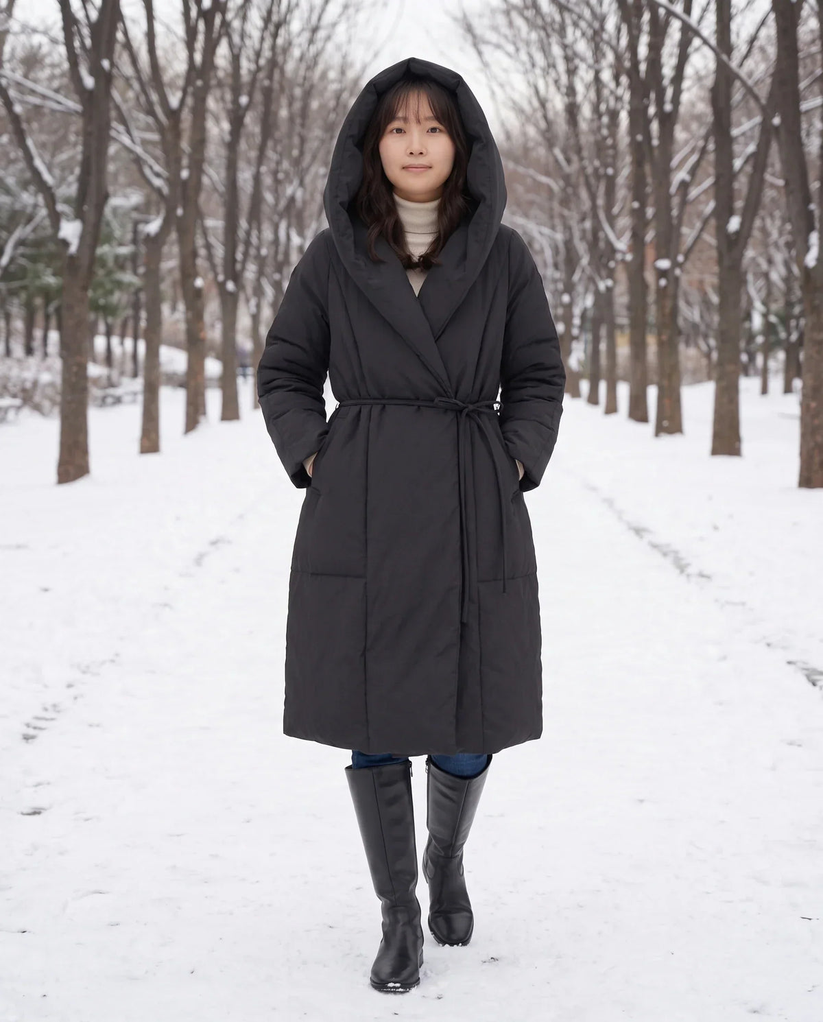 Long Oversized Wrap Puffer Coat with Hood