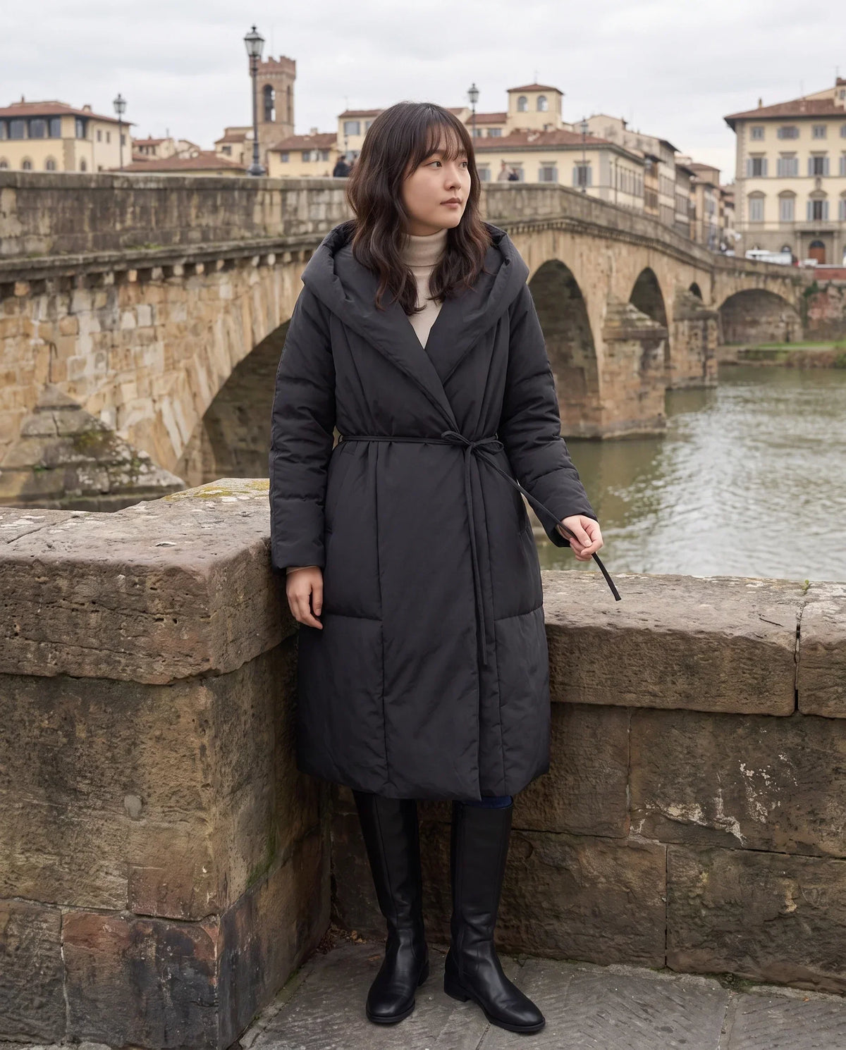 Long Oversized Wrap Puffer Coat with Hood