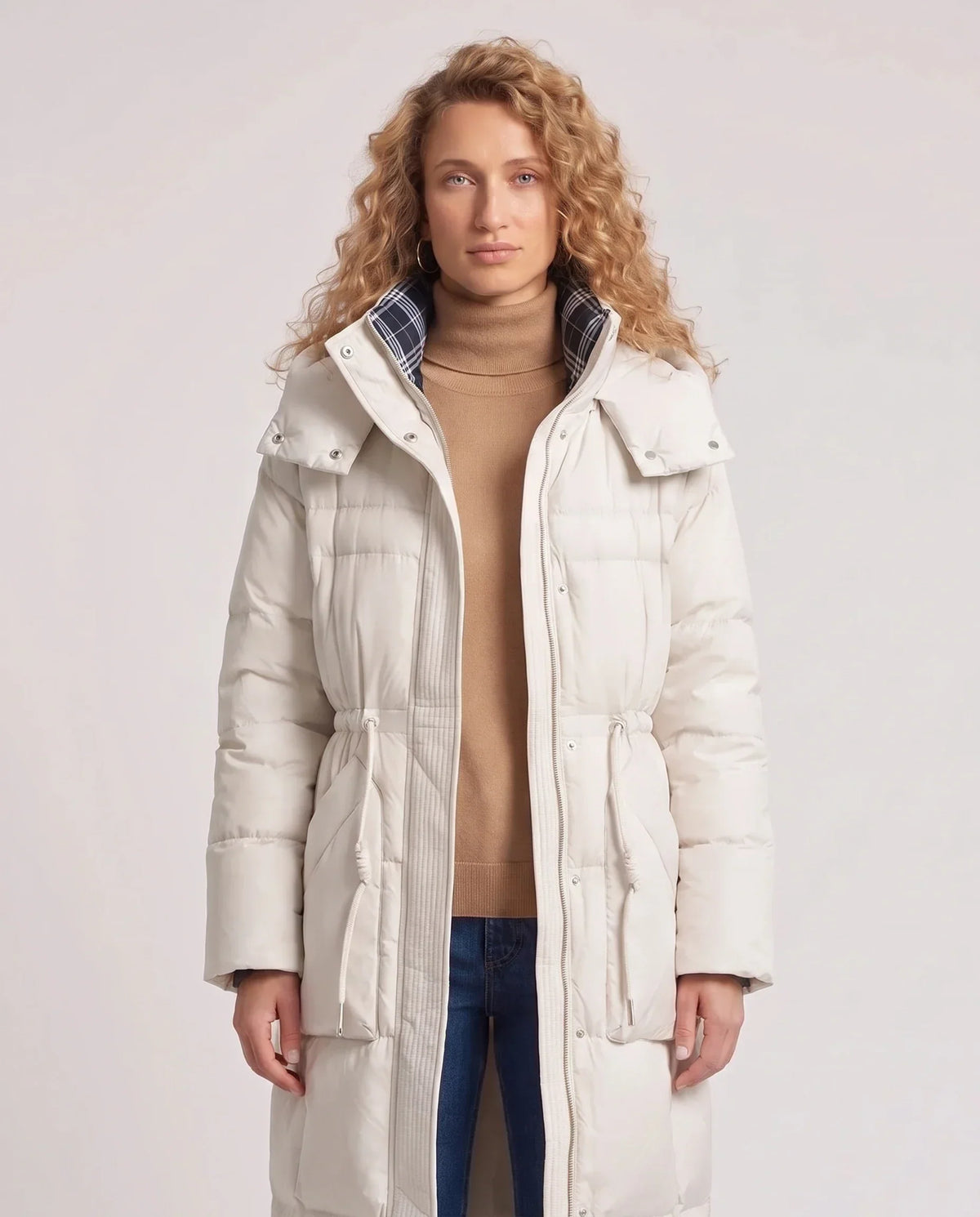 Long Hooded Puffer Jacket with Elasticated Waist