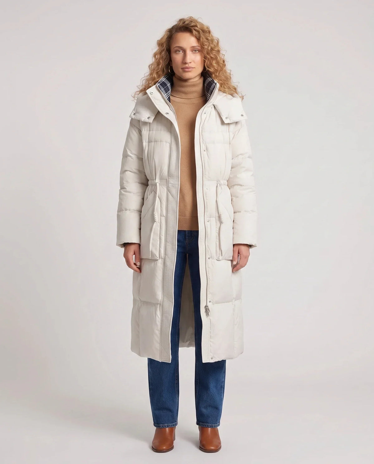 Long Hooded Puffer Jacket with Elasticated Waist