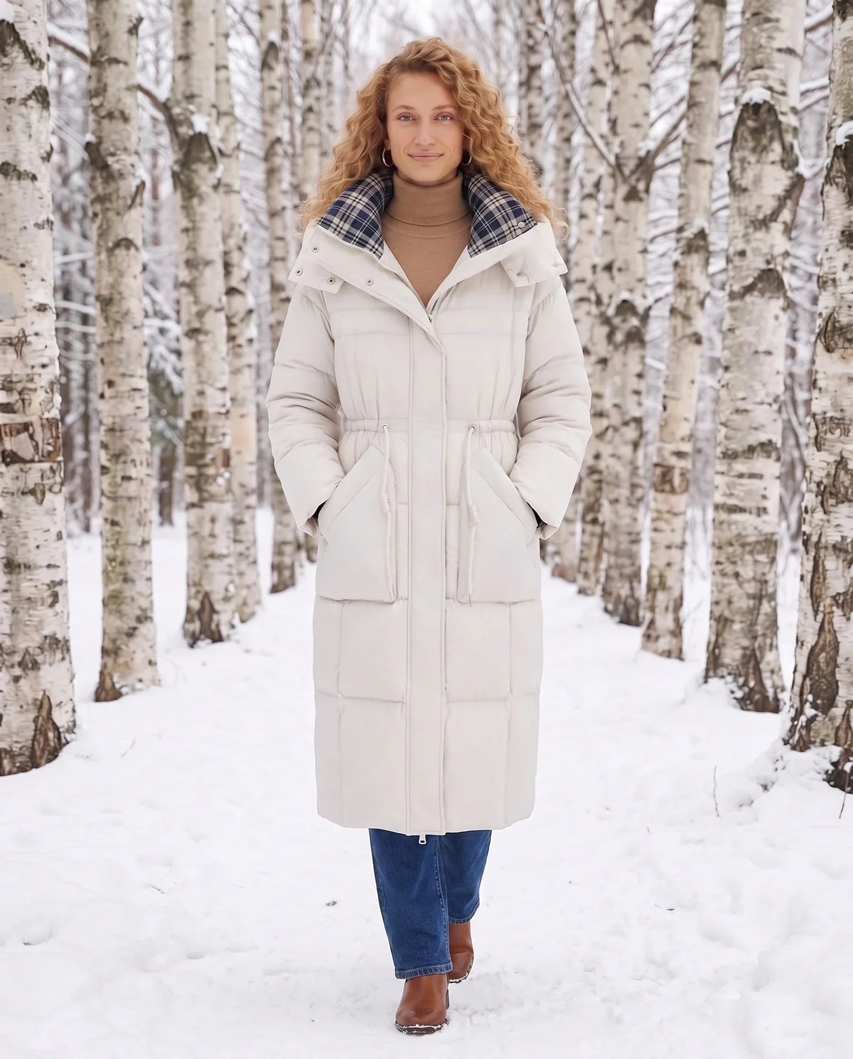 Long Hooded Puffer Jacket with Elasticated Waist