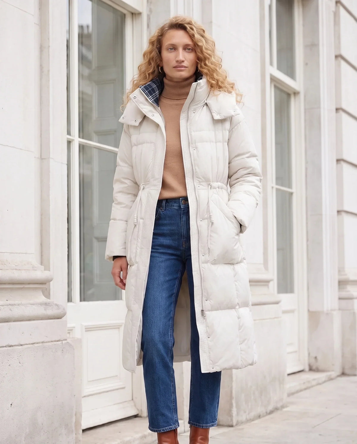 Long Hooded Puffer Jacket with Elasticated Waist
