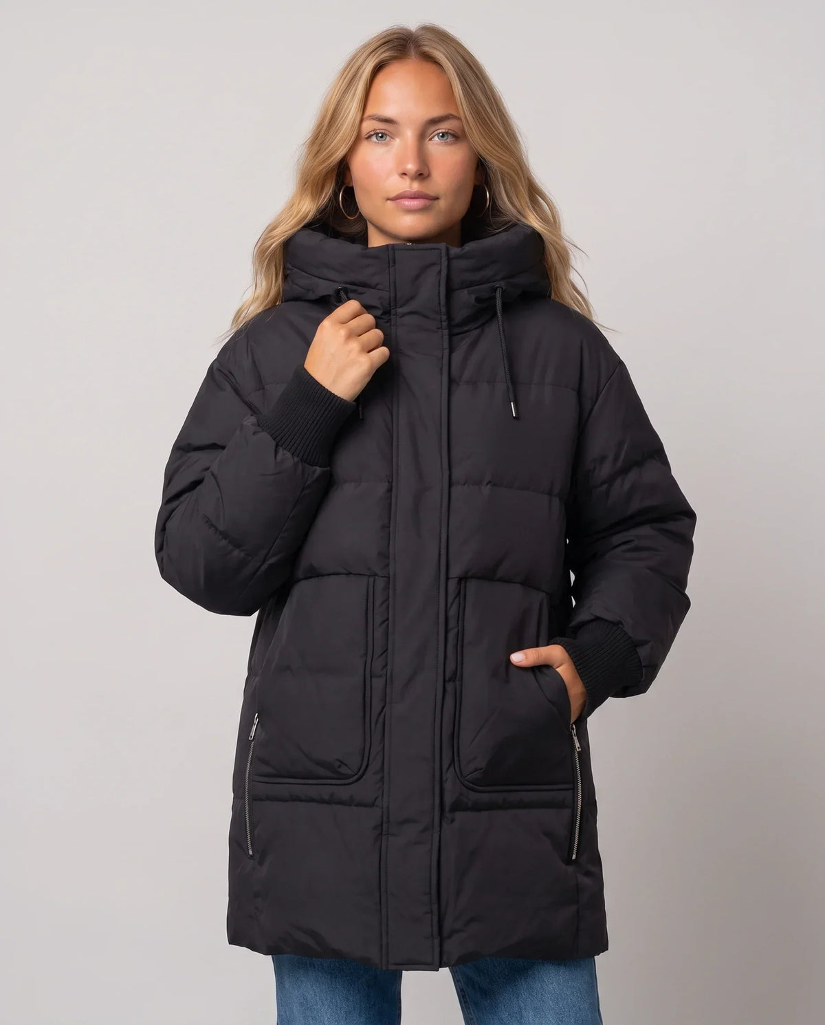 Mid-Length Hooded Puffer Jacket with Patch Pockets