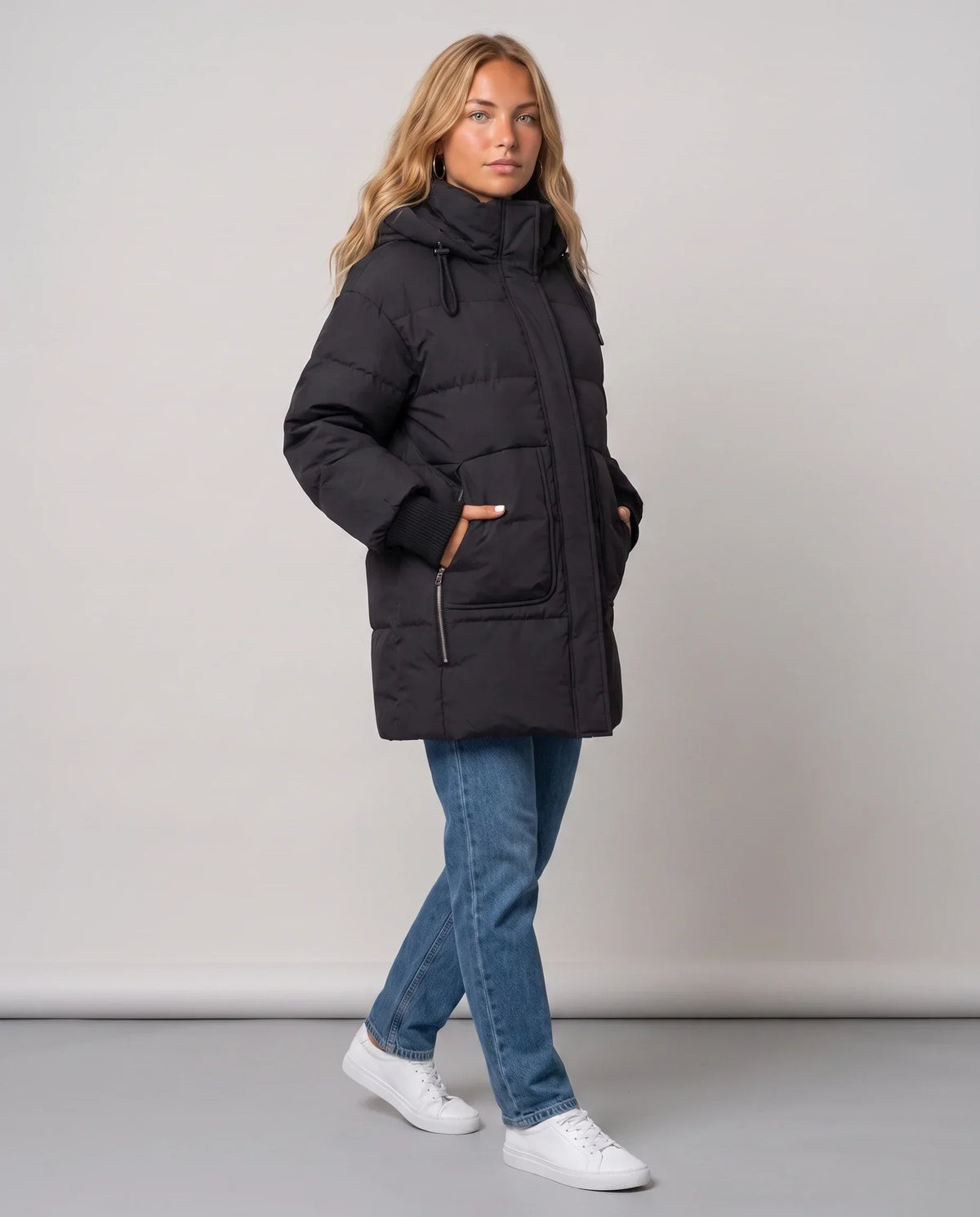 Mid-Length Hooded Puffer Jacket with Patch Pockets