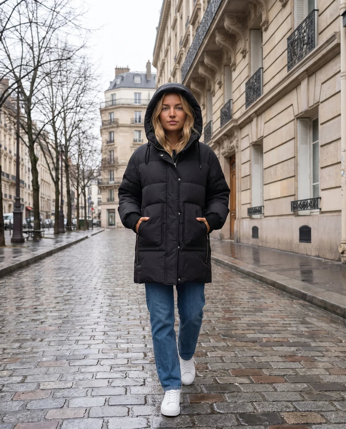 Mid-Length Hooded Puffer Jacket with Patch Pockets