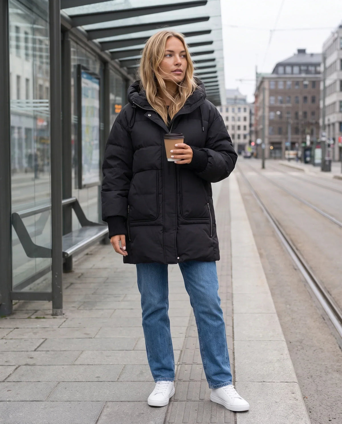 Mid-Length Hooded Puffer Jacket with Patch Pockets