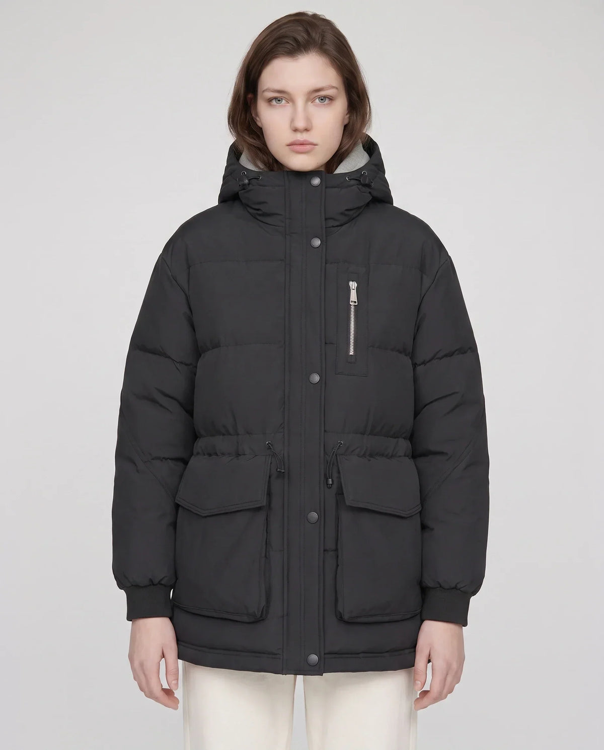 Mid-Length Parka-Style Puffer Jacket with Patch Pockets