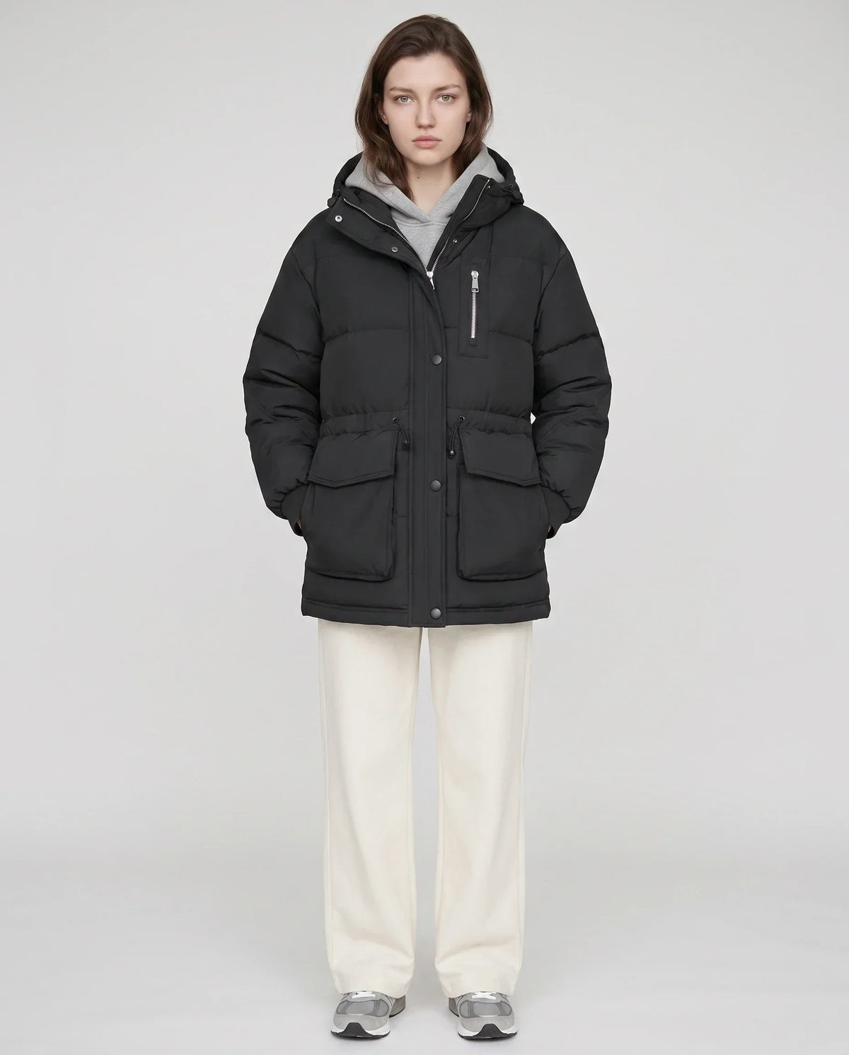 Mid-Length Parka-Style Puffer Jacket with Patch Pockets