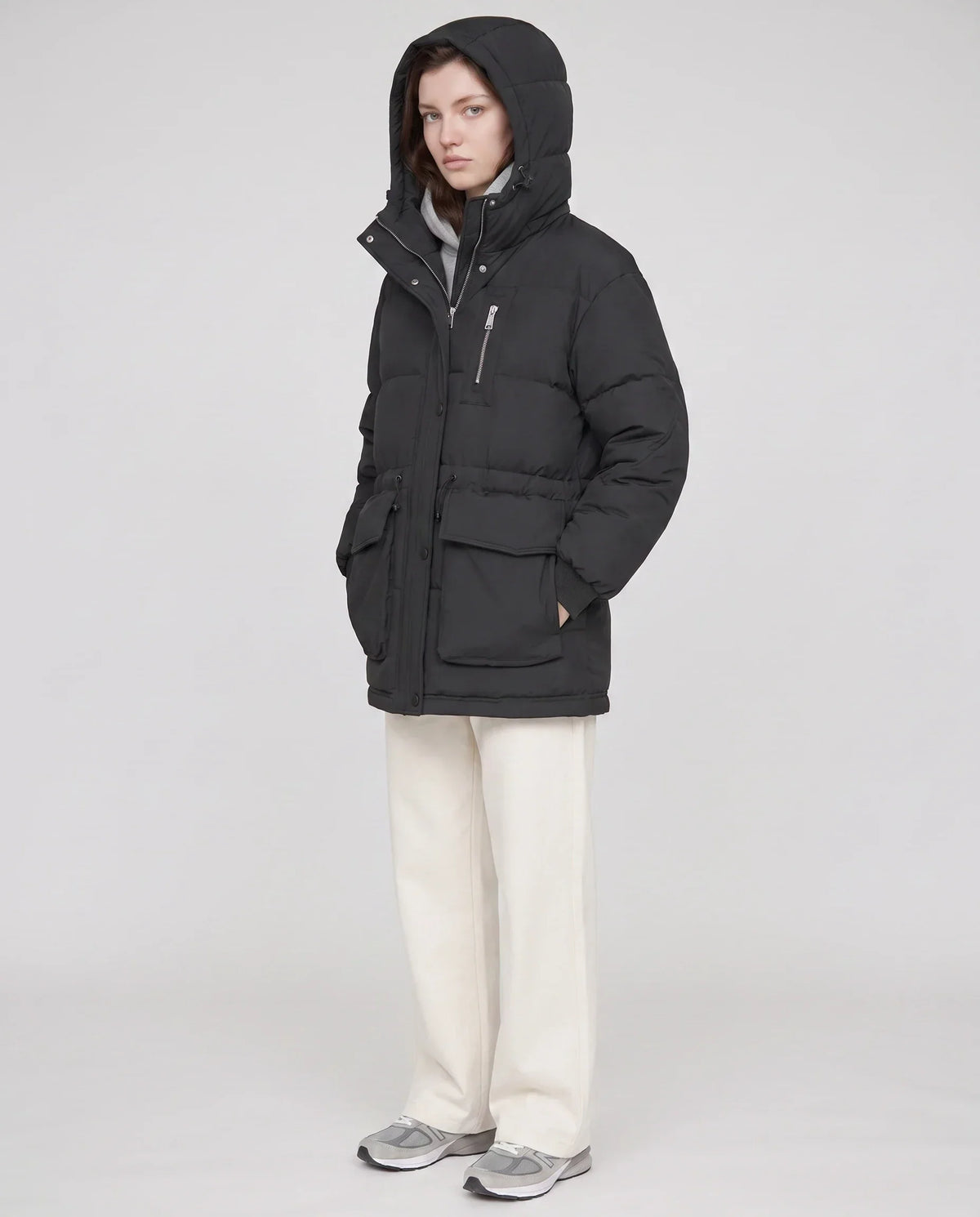 Mid-Length Parka-Style Puffer Jacket with Patch Pockets
