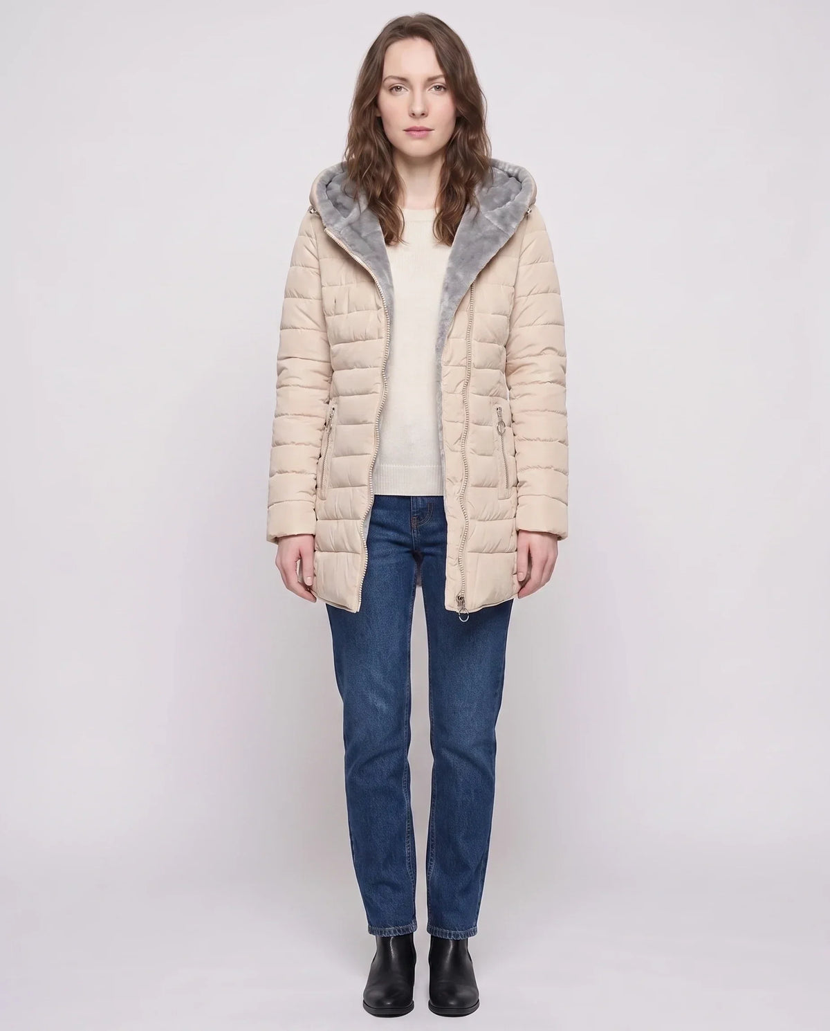 Mid-Length Fleece-Lined Puffer Jacket with Hood