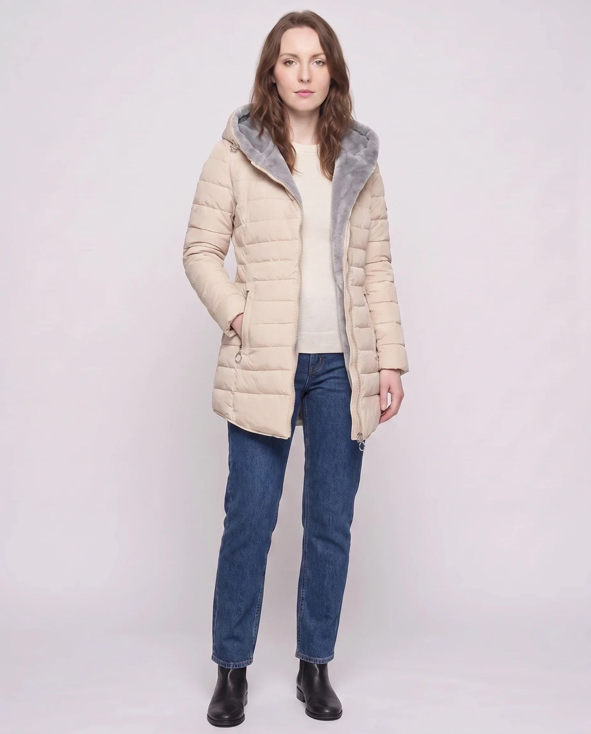 Mid-Length Fleece-Lined Puffer Jacket with Hood