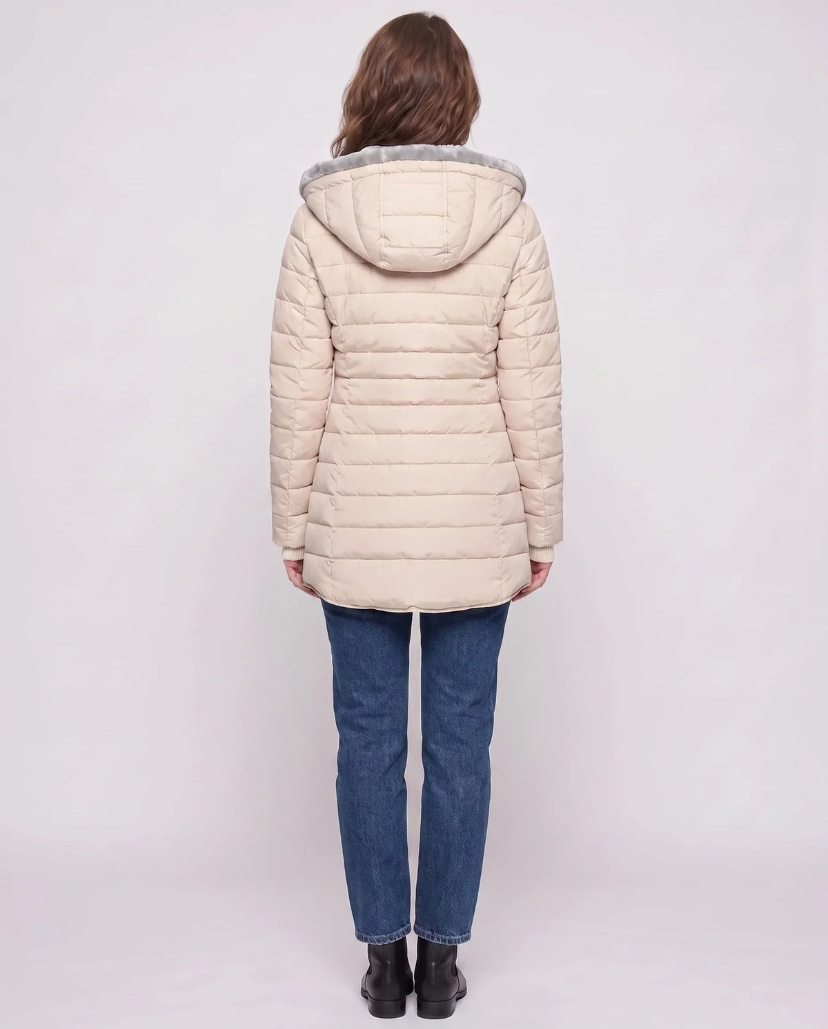 Mid-Length Fleece-Lined Puffer Jacket with Hood