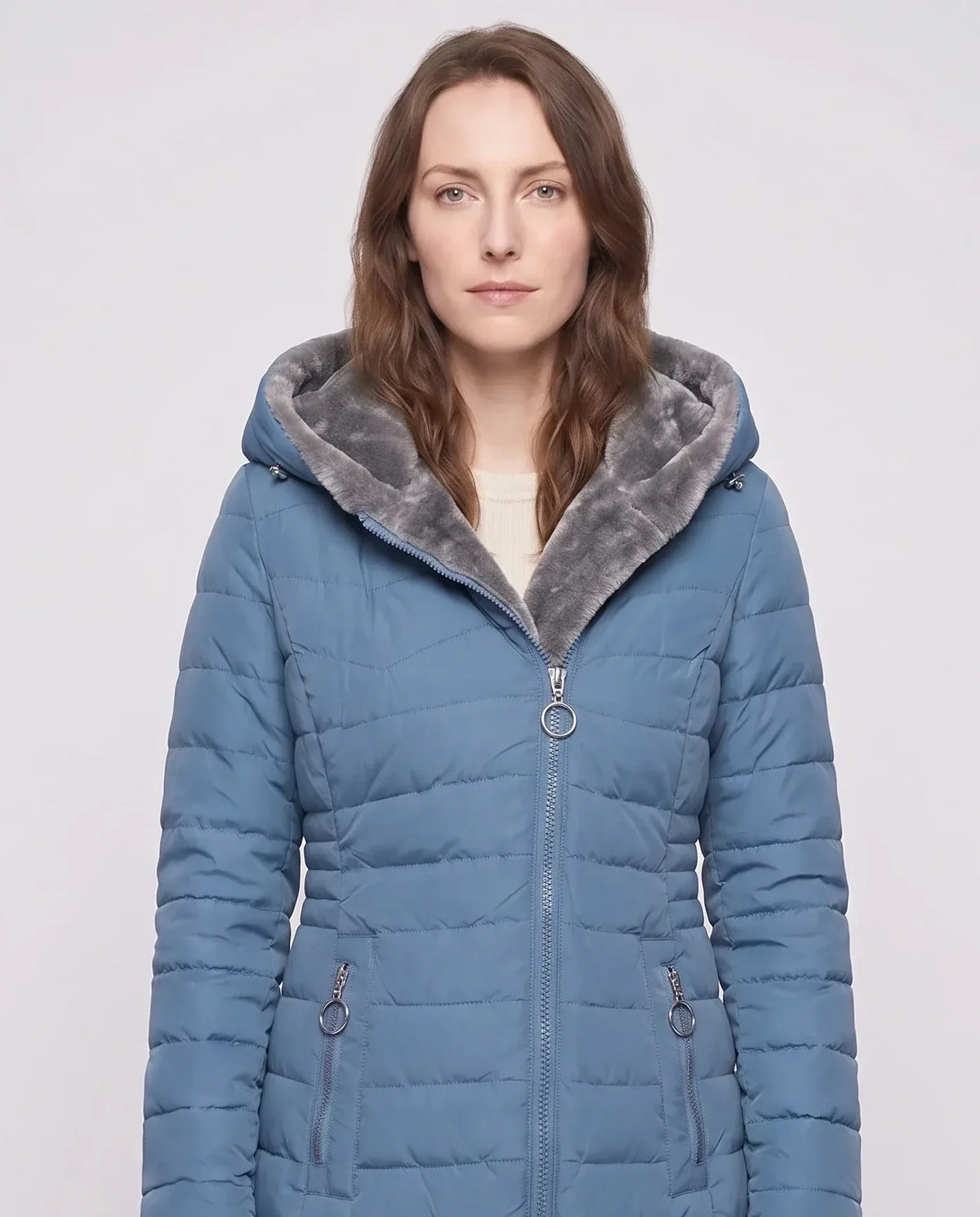 Mid-Length Fleece-Lined Puffer Jacket with Hood