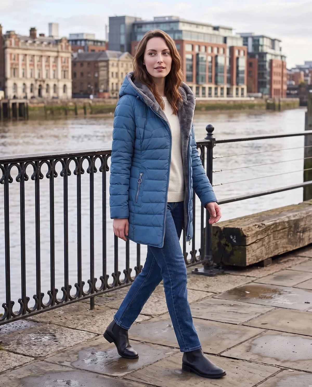 Mid-Length Fleece-Lined Puffer Jacket with Hood