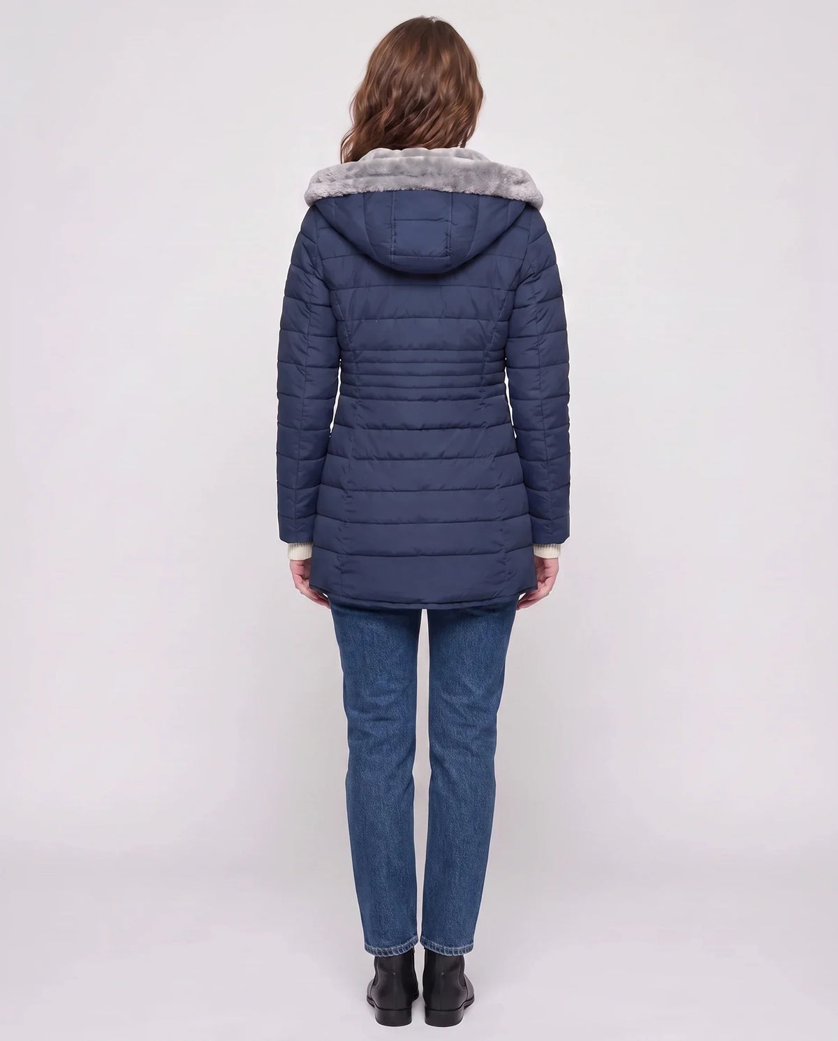 Mid-Length Fleece-Lined Puffer Jacket with Hood