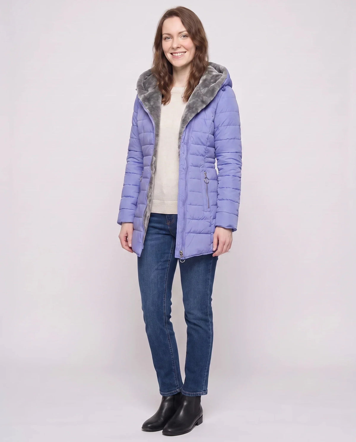 Mid-Length Fleece-Lined Puffer Jacket with Hood