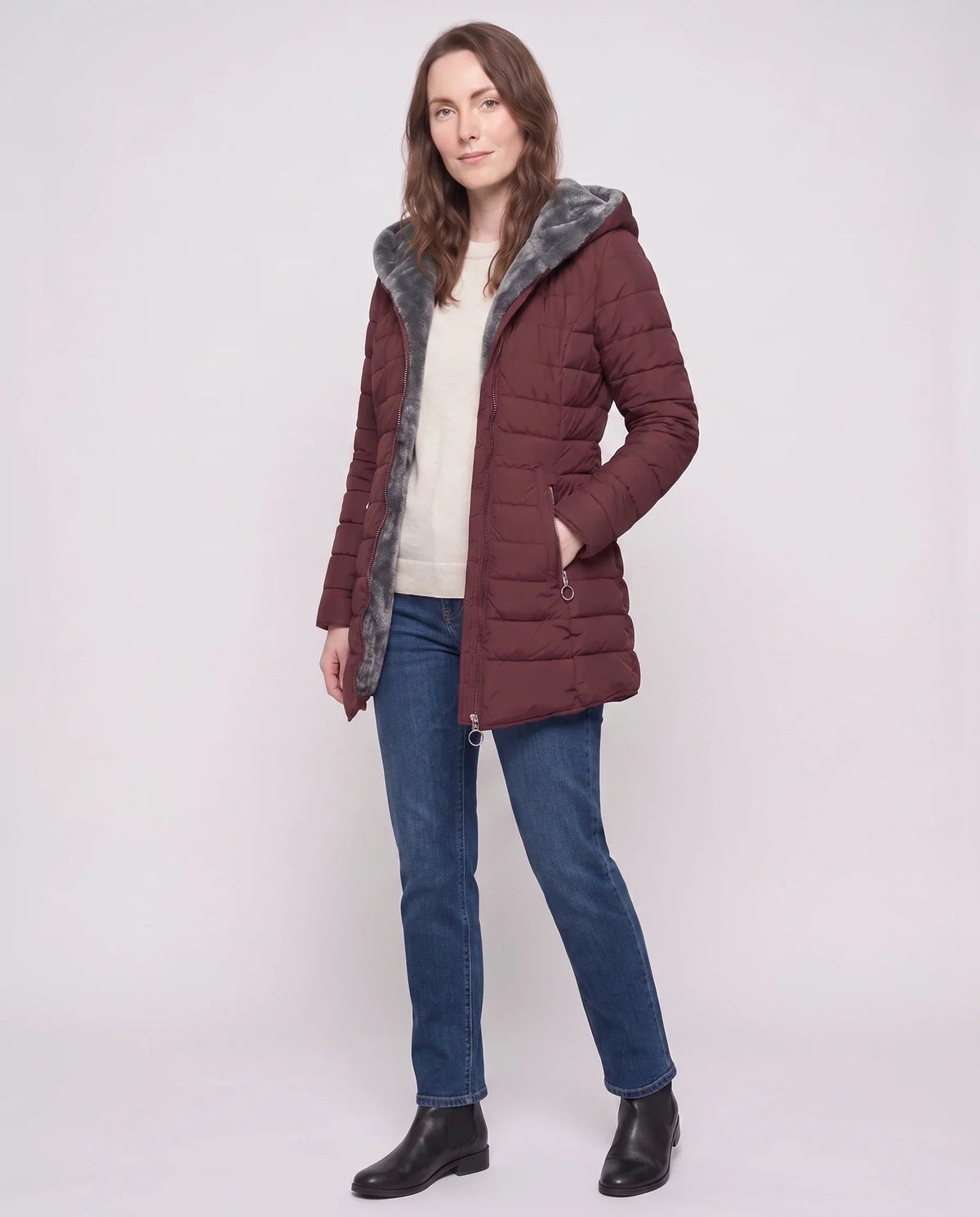 Mid-Length Fleece-Lined Puffer Jacket with Hood