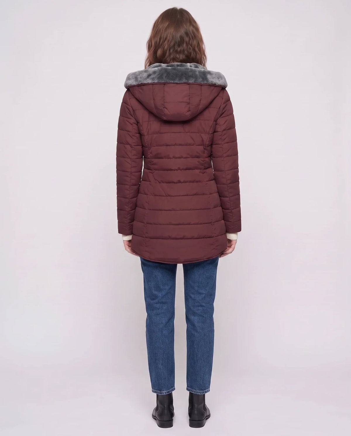 Mid-Length Fleece-Lined Puffer Jacket with Hood