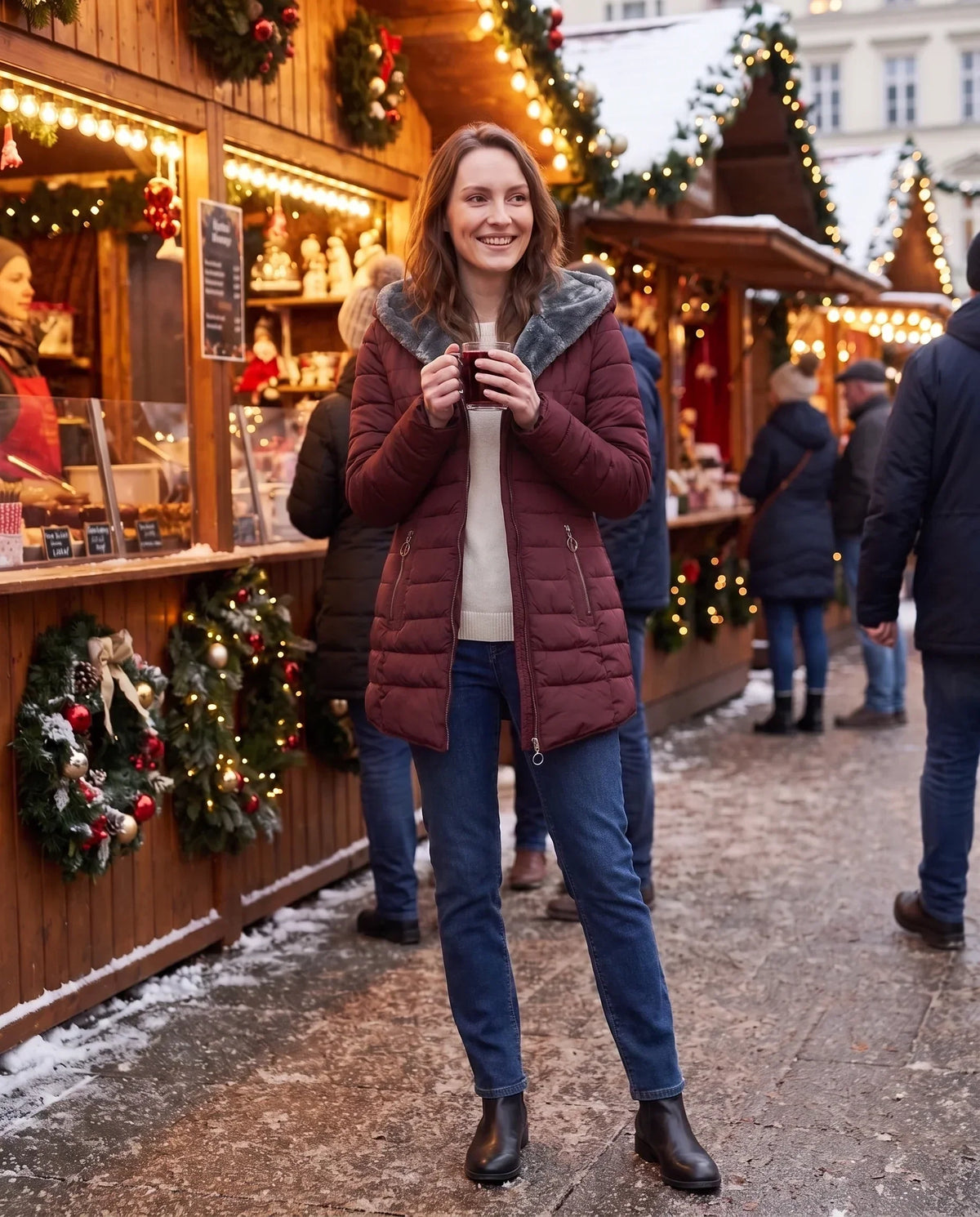 Mid-Length Fleece-Lined Puffer Jacket with Hood