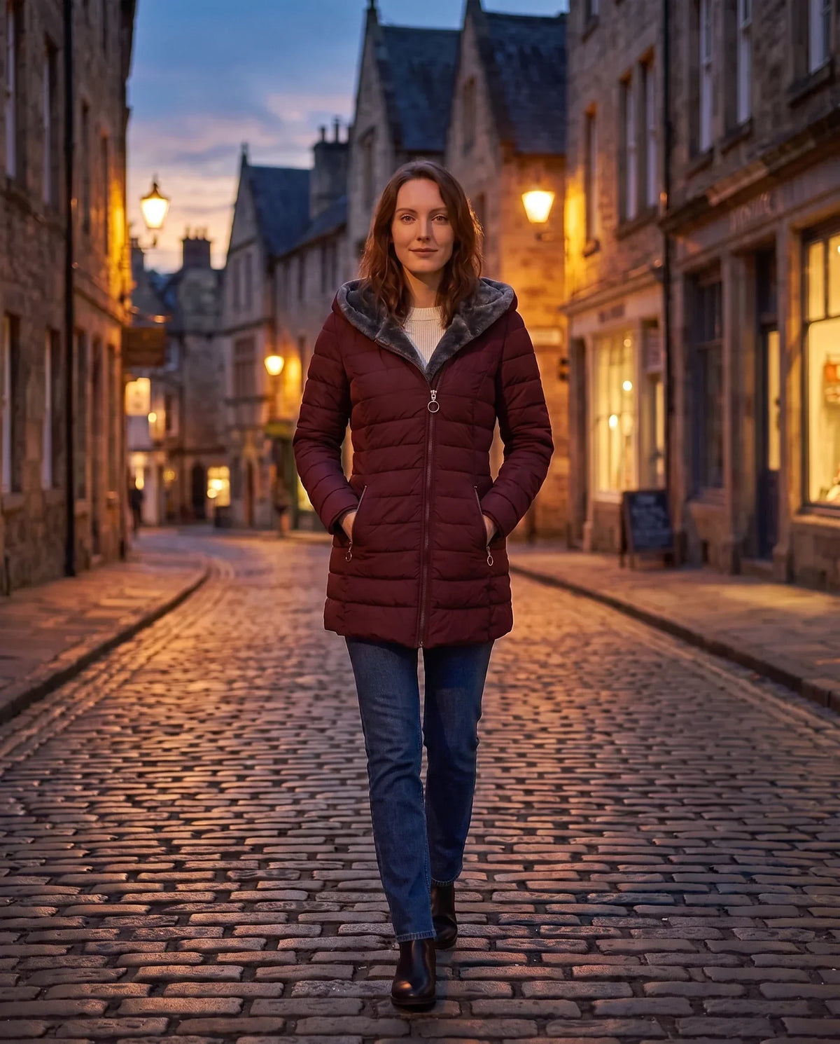 Mid-Length Fleece-Lined Puffer Jacket with Hood