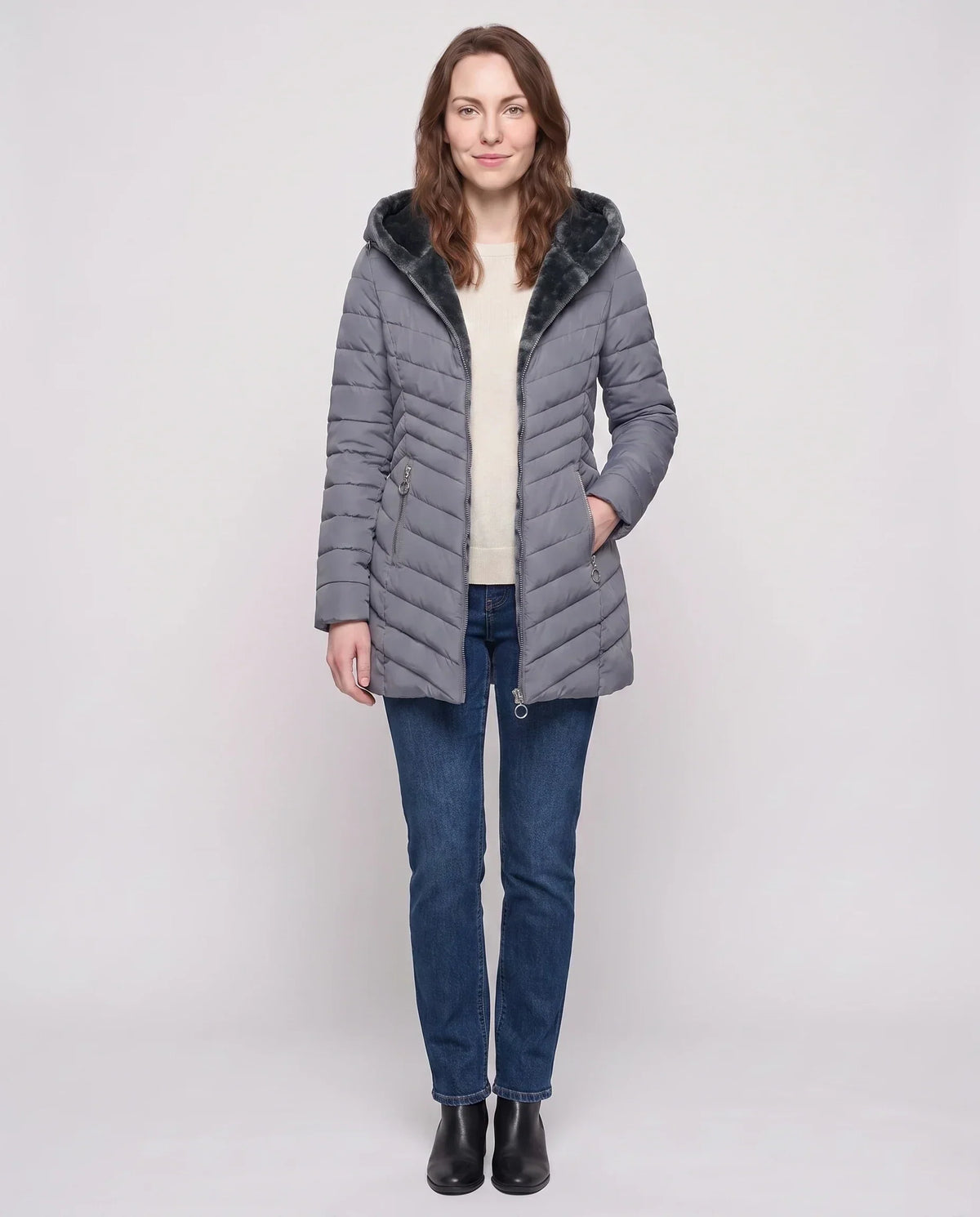 Mid-Length Fleece-Lined Puffer Jacket with Hood